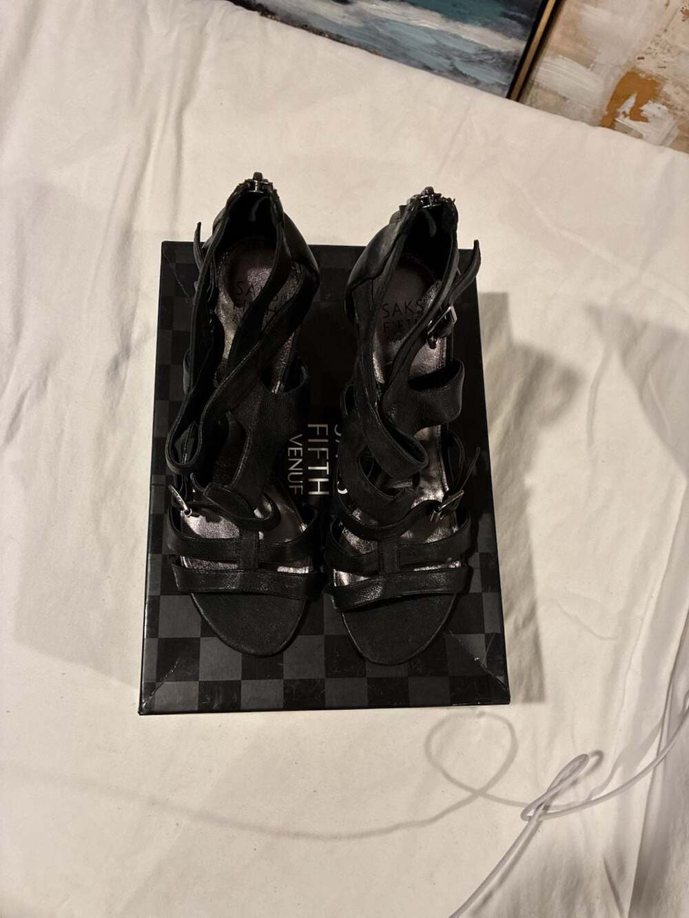 Saks Fifth Avenue SF-Adrama Black Aviator Sheep Leather Strappy Heels Size 9M
